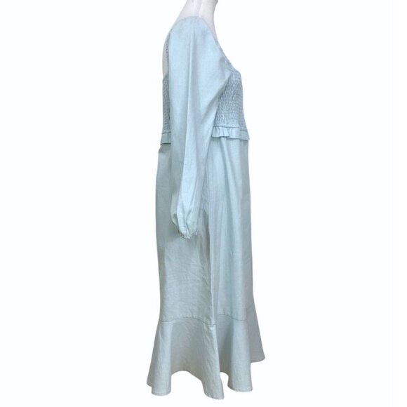7 FOR ALL MANKIND BABY BLUE LINEN PEASANT SMOCKED MIDI DRESS - M - Picture 2 of 8